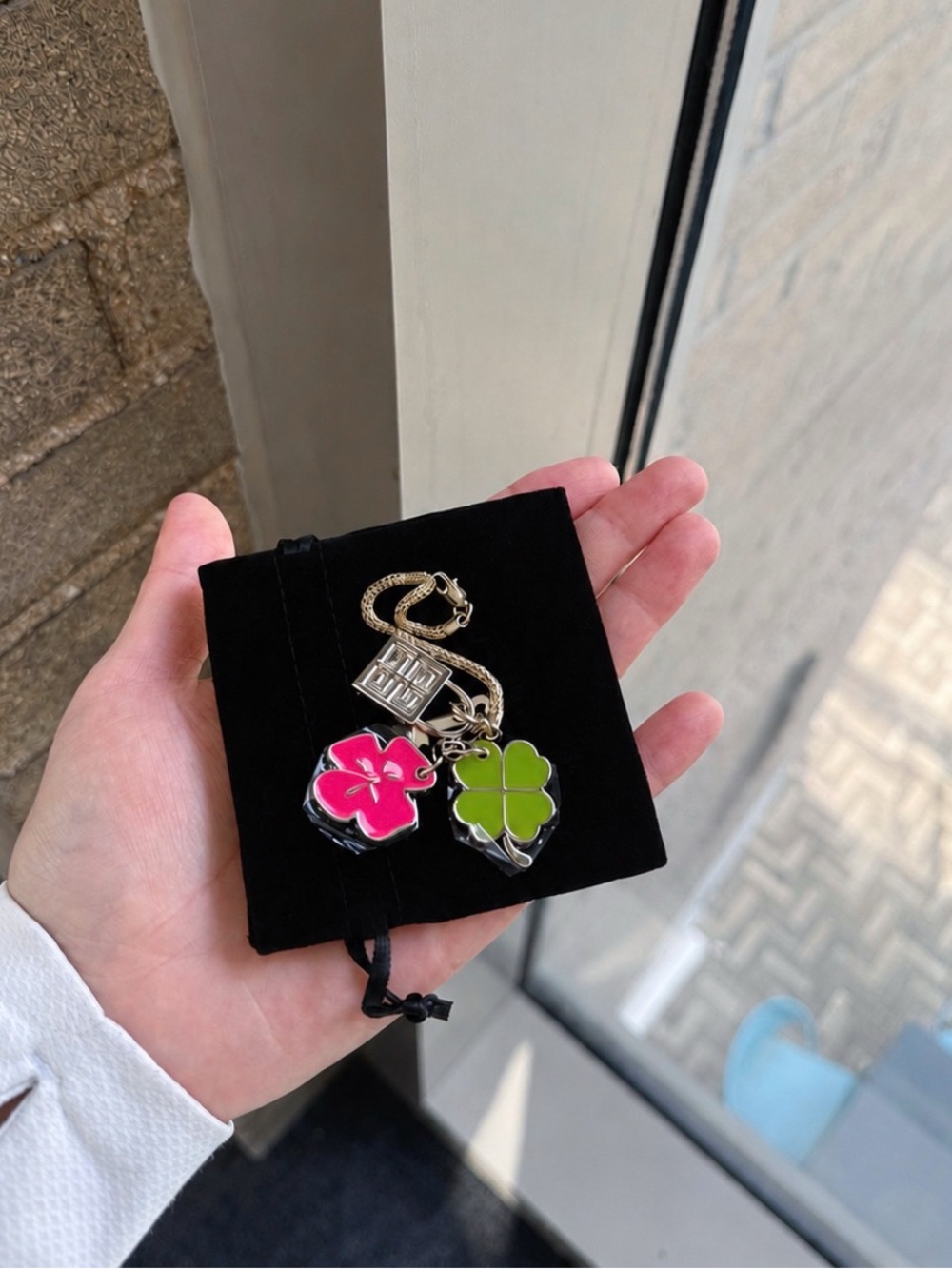 Givenchy Parfums Pink Green Enamel Lucky Four Leaf Clove Key Charm